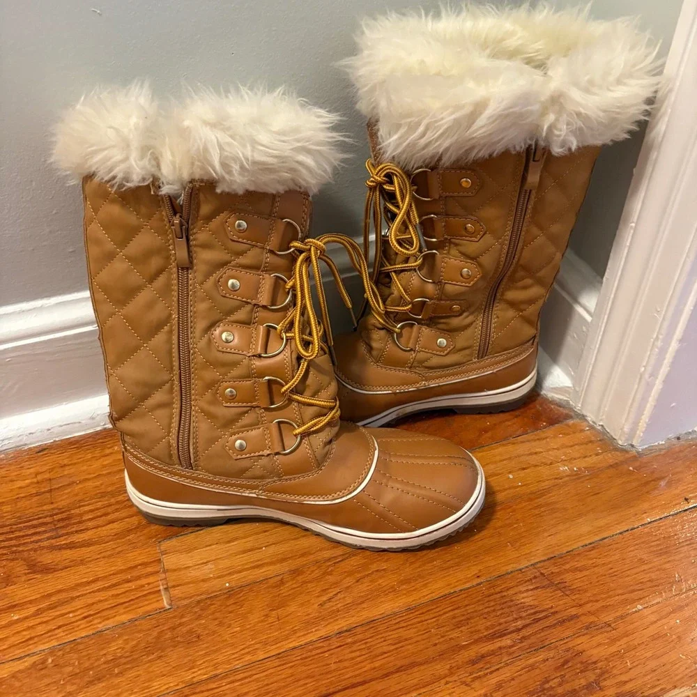 Global Win Womens 8.5 Snow Boots Brown Faux Fur Quilted Leather Zip W1560-3
